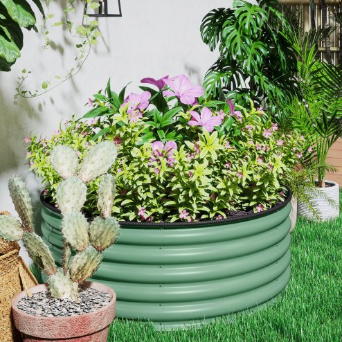 Outsunny Galvanised Raised Garden Bed with Safety Edging, Outdoor Raised Planter Box with Gloves and Open Bottom, Metal Raised Bed for Flowers, Vegetables and Herbs, 120 x 120 x 43cm, Light Green