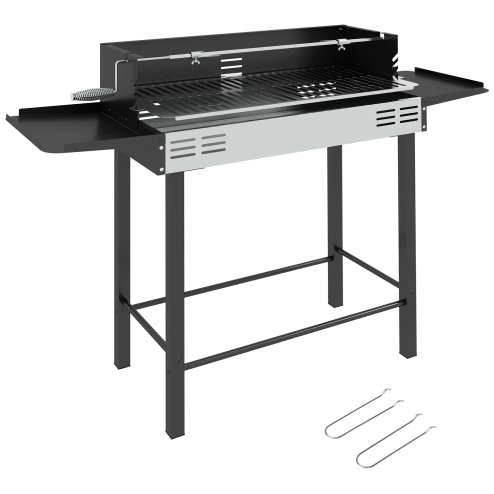 Outsunny BBQ Rotisserie Grill Roaster Charcoal Spit Roasting Machine for Chicken Turkey with 3-Level Grill Grate and Foldable Side Shelves, Stainless Steel