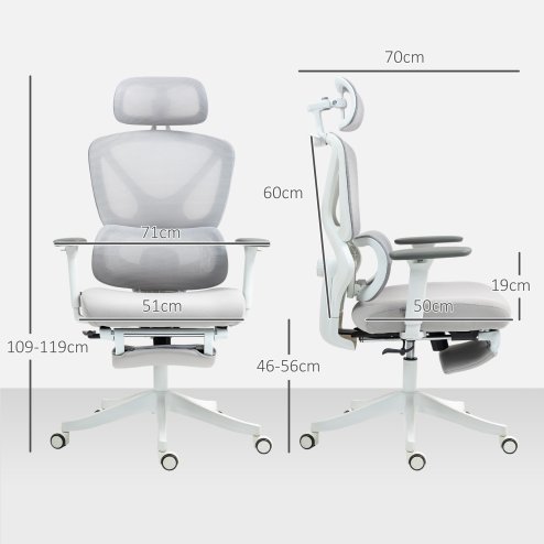 HOMCOM Ergonomic Office Chair, Mesh Desk Chair with 3D Armrests, Rotatable Headrest, Adjustable Lumbar Support, Coat Hanger, Footrest for Home Office, Grey