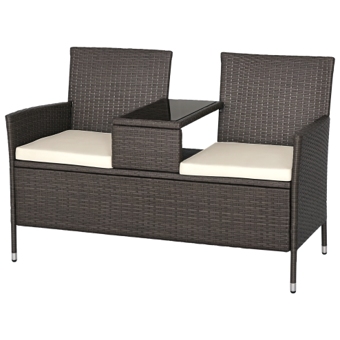 Outsunny 2 Seater Rattan Campanion Chair Wicker Loveseat Outdoor Patio Armchair with Drink Table Garden Furniture - Grey