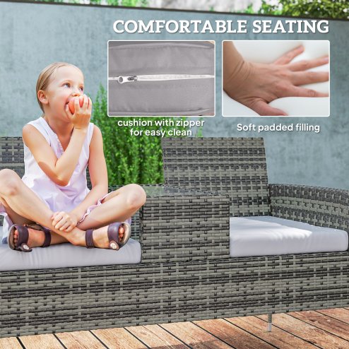Outsunny 2 Seat Rattan Garden Bench, Patio Wicker Chair with Glass Tea Table, Outdoor Love Seat with Padded Cushions, for Garden, Porch, Charcoal Grey/Grey