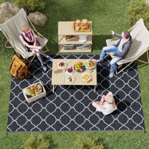 Outsunny Reversible Outdoor Rug with Carry Bag, Waterproof Plastic Straw Mat for Garden, Deck, RV, Picnic, Beach, Camping, 182 x 274cm, Black