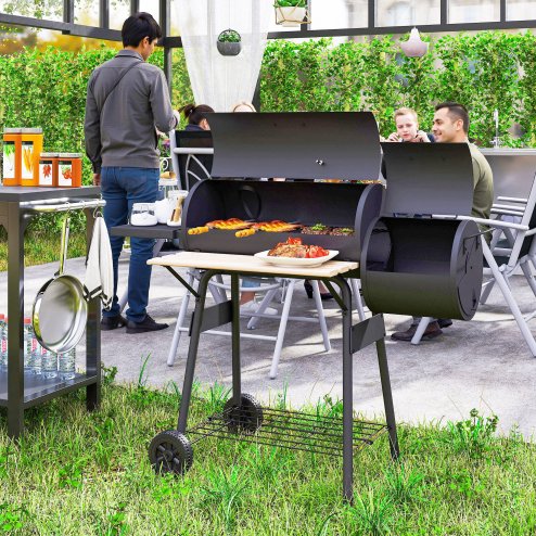Outsunny Charcoal Barbecue Grill with Offset Smoker, Barrel BBQ Trolley with 3 Storage Shelves & Thermometer for Outdoor Garden Camping Picnic Cooking, Black