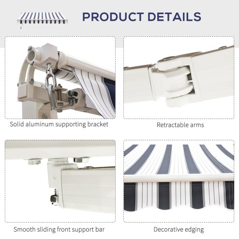Outsunny 2.5m x 2m Retractable Awning, DIY Garden Awning Canopy, Anti-UV Sun Shade Shelter with Aluminium Frame and Crank Handle, Blue and White