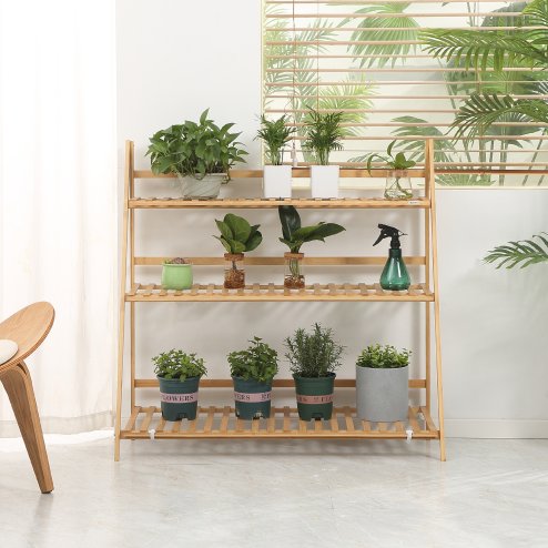 Outsunny 3-Tier Bamboo Plant Stand, Folding Plant Rack, Display Plant Shelf for Indoor & Outdoor Use, 98 x 37 x 96.5cm, Natural