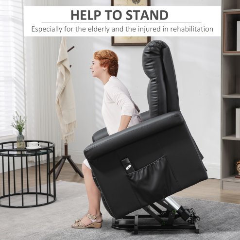 HOMCOM Power Lift Chair Armchair for the Elderly, PU Leather Recliner Chair with Extended Footrest, Remote Control and Side Pocket, Black