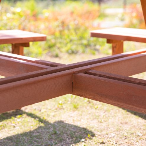 Outsunny 8 Seater Wooden Picnic Table and Garden Benches Set, Round Garden Dining Set with 4 Benches and Umbrella Hole Outdoor Garden Park, Brownish Red