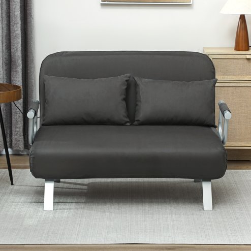 HOMCOM 2 Seater Sofa Bed, Click Clack Convertible Bed Settee, Modern Velvet Feel Fabric Sofa with 2 Cushions for Living Room, Bedroom, Guest Room