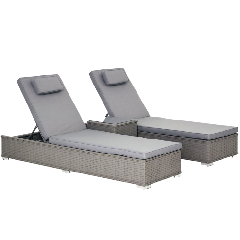 Outsunny 3 Pieces Rattan Sun Lounger Set with Aluminium Frame, 5-Position Adjustable Reclining Garden Chairs and Glass Top Table, Wicker Garden Furniture Daybed with Cushions for Patio, Grey