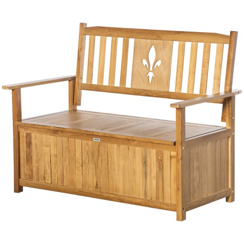 Outsunny 2 Seater Garden Storage Bench, 164L Outdoor Storage Box with Backrest Flower Pattern, Wooden Garden Bench with Armrests, 125 x 68.5 x 97cm, Natural