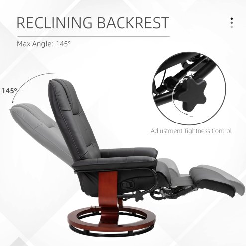 HOMCOM 360° Swivel Recliner Chair with Footstool, Manual Recliner Armchair with Wooden Base, Linen-Like Upholstered Reclining Chair for Living Room, Bedroom, Office, Black