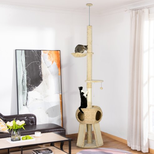 PawHut 255cm Cat Tree for Indoor Cats, Tall Cat Tower with Scratching Posts, Ramps, Hammock, Condo with Two Doors, Toy Balls, Platform, Beige