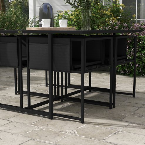 Outsunny 5 Piece Garden Dining Set, 4 Seater Outdoor Table and Chairs with Texteline Seat, Space Saving Cube Set with Foldable Backrest, Tempered Glass Table Top, for Patio, Black