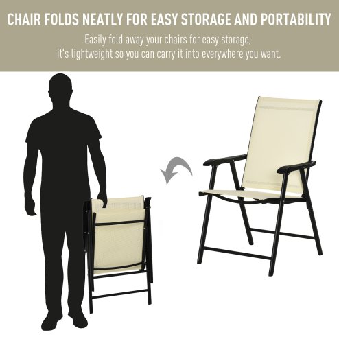 Outsunny Set of 2 Folding Garden Chairs, Metal Frame Garden Chairs Outdoor Patio Park Dining Seat with Breathable Mesh Seat, Beige