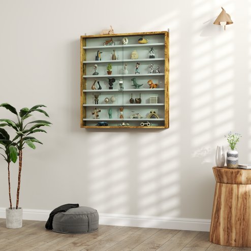 HOMCOM 7-Tier Wall Mounted Display Cabinet, Display Case with 6 Adjustable Shelves, Glass Doors for Home Office Ornaments 83x80cm, Oak