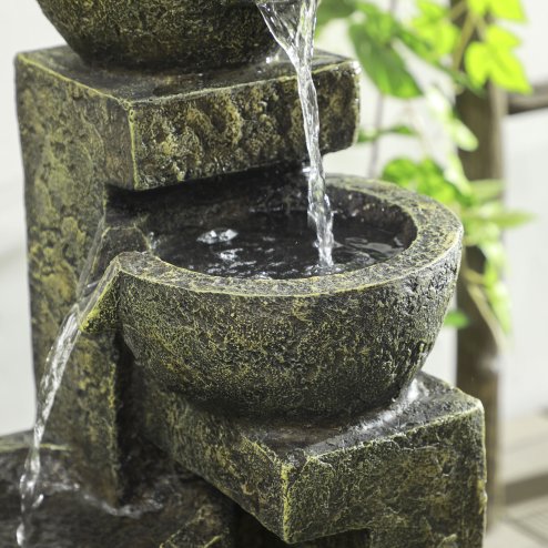 Outsunny Outdoor Garden Water Feature with 4-Tier Stacked Stone Look Bowls, Patio Cascading Waterfall Fountain, Adjustable Flow, Rustic Decor, Black and Yellow