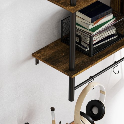 HOMCOM Floating Shelves, 104CM Wall Mounted Ladder Shelf with 4 Hooks, Rustic Hanging Display Shelf for Living Room, Entryway, Kitchen, Rustic Brown