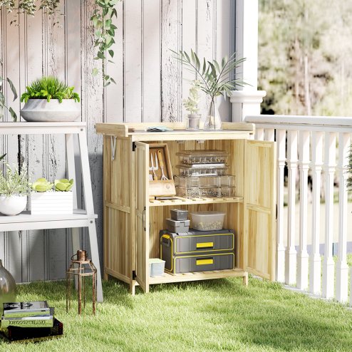 Outsunny Wooden Garden Shed, Garden Tool Storage Shed with Hinged Roof and Shelf, Outdoor Storage Cabinet with Double Doors, Natural Wood Finish