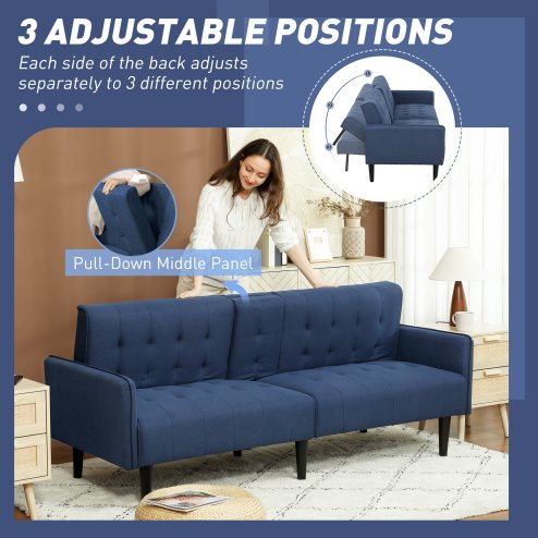 HOMCOM Click Clack Sofa Bed, Linen-Feel Fabric 3 Seater Sofa for Living Room/Spare Room/Guest Room, Bed Settee with Cup Holders