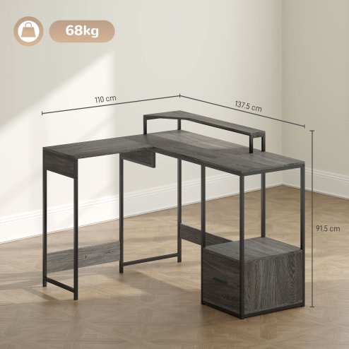 HOMCOM L Shaped Desk, Computer Desk with Liftable Desktop, Industrial Corner Desk with Drawer for A4/Letter Size, Home Office Desk with Monitor Stand for Home Office