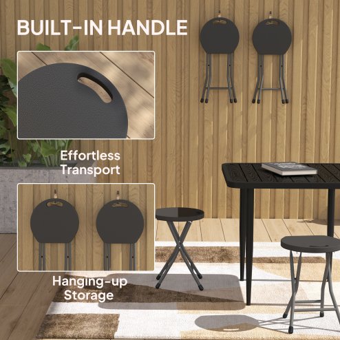 Outsunny Folding Stool Set of 4, Decorative Garden Stool Chair with Safety Latch, Foldable Garden Stools with Powder-Coated Steel Legs HDPE Seat and Handle for Indoor and Outdoor, Charcoal Grey