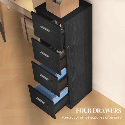 HOMCOM File Cabinet with 4 Drawers for Home Office, Vertical Filing Cabinet with Lock, Adjustable Hanging Bar for A4 and Letter Size, Black Wood Effect
