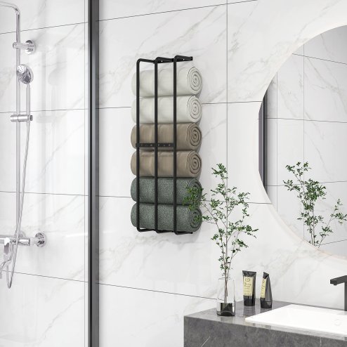 HOMCOM Towel Rack Wall Mounted, Metal Towel Rail Holds Up to 6 Large Size (150 x 100cm) Rolled Towels, 3 Bar Towel Storage for Bathroom, 21 x 12 x 74cm, Black