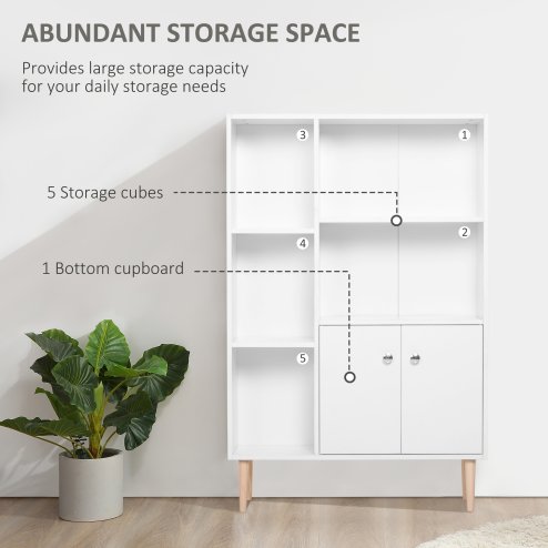 HOMCOM Sideboard Storage Cabinet Cupboard, Open Bookcase with 2 Doors 5 Compartments Wooden Modern Style for Living Room Bedroom Kitchen 80 x 23 x 123 cm, White