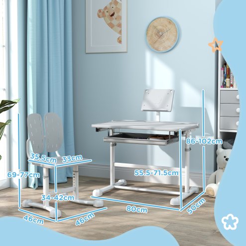 AIYAPLAY Kids Desk and Chair Set, Height Adjustable School Study Table Chair Set with Tilted Desktop, Storage Drawer, Book Stand, for Writing Reading, kids Aged 3-12 Years, Grey