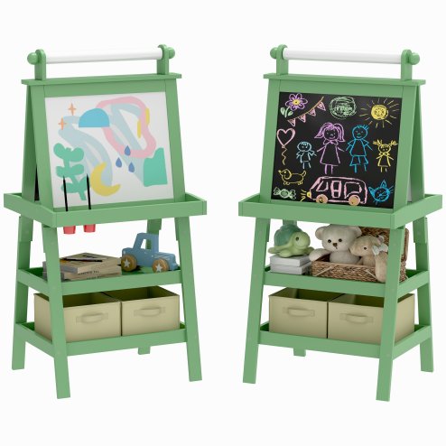 AIYAPLAY Art Easel for Kids with Paper Roll, 3 in 1 Kids Easel Double-Sided Magnetic Whiteboard and Chalkboard with Storage Baskets, for Children 3-6 Years - Green
