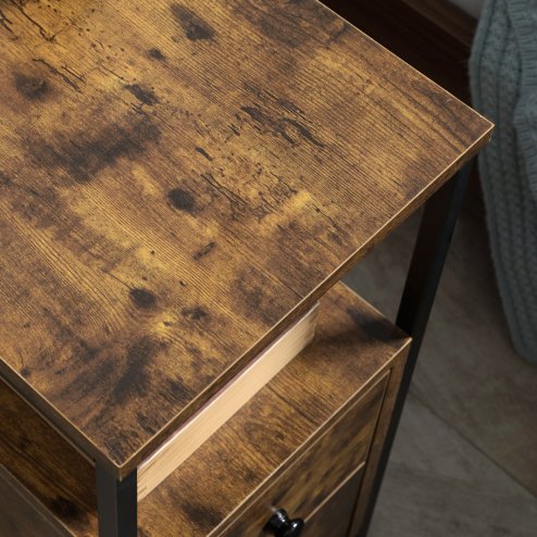 HOMCOM Side Table, Narrow Bedside Table with 2 Drawers and Storage Shelf, Industrial End Table with Metal Frame for Small Spaces