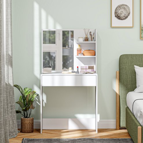 HOMCOM Dressing Table with Mirror, Modern Vanity Desk with Drawer and 3 Open Shelves, Makeup Desk for Bedroom, White