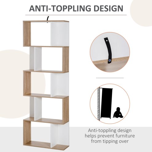 HOMCOM Bookcase, S-Shaped Wooden Bookshelf, 5/6 Tiers Freestanding Storage Shelf, Home Office Decorative Display Stand Rack, 24D x 60W x 184.5H
