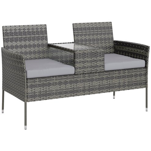 Outsunny 2 Seat Rattan Garden Bench, Patio Wicker Chair with Glass Tea Table, Outdoor Love Seat with Padded Cushions, for Garden, Porch, Charcoal Grey/Grey