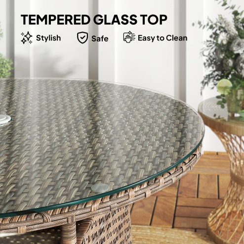 Outsunny Wicker Garden Rattan Table, Patio Furniture Outdoor Coffee Table with Umbrella Hole and Tempered Glass Top, Brown