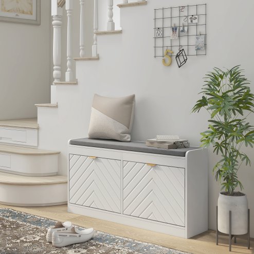 HOMCOM Shoe Storage Bench, Narrow Shoe Bench with 2 Flip Drawers, Seating Cushion and 2 Vents for 8 Pairs of Shoes for Entryway, Hallway, White