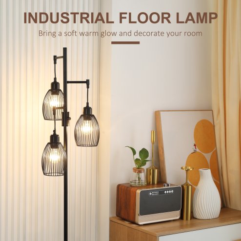 HOMCOM 3-Light Floor Lamp, 170cm Industrial Dimmable Standing Lamp with Steel Wire Cage Lampshades for Living Room, Bedroom, Dining Room, Study, Black