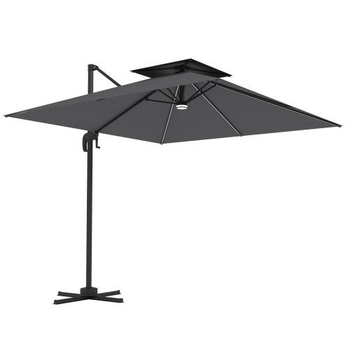 Outsunny 2.5m Cantilever Parasol with Solar Powered LED Lights, Double Top Square Overhanging Garden Parasol with 360 Rotation, Tilt Adjustment, Crank Handle, Dark Grey