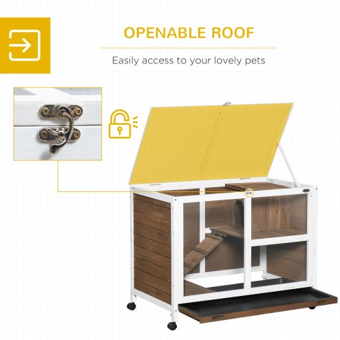 PawHut Rabbit Hutch Indoor Wooden Guinea Pig House Hamster Cage with Wheels, 2 Layers Bunny Cage with Openable Roof, 91.5 x 53.3 x 73 cm, Brown