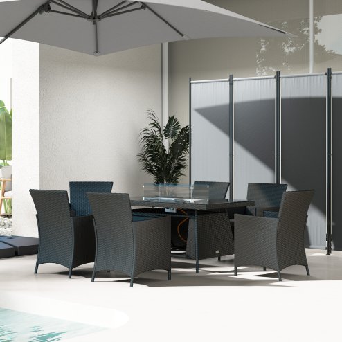 Outsunny 7 Pieces Outdoor Rattan Garden Furniture with Fire Pit Table, 6 Seater Garden Table and Chairs with Cushions, Rattan Dining Set with Propane Heater Table, Windscreen, 50,000 BTU, Black