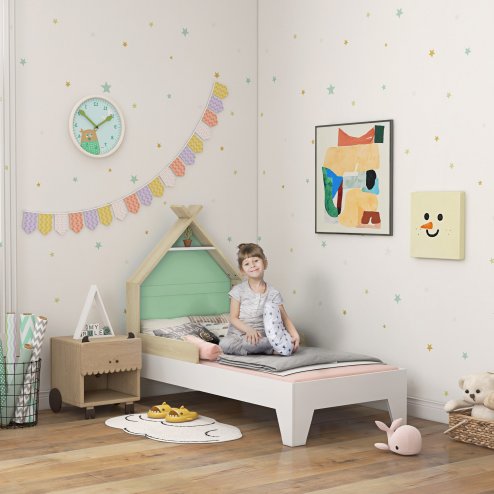AIYAPLAY Toddler Bed Frame, Kids Bedroom Furniture, Treehouse Style Single Bed Frame with Safety Guardrails, 144L x 74W x 110Hcm, for Ages 3-8 Years, Green