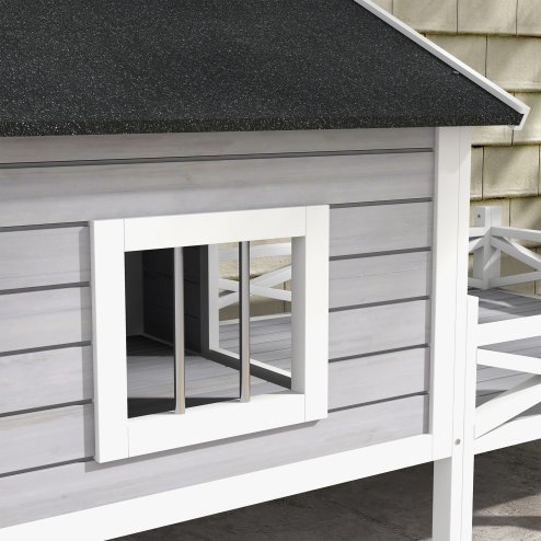 PawHut Outdoor Dog House with Porch, Wooden Dog Kennel with Water-resistant Asphalt Roof, Ladders, Fencing, Window, for Small and Medium Size, Grey