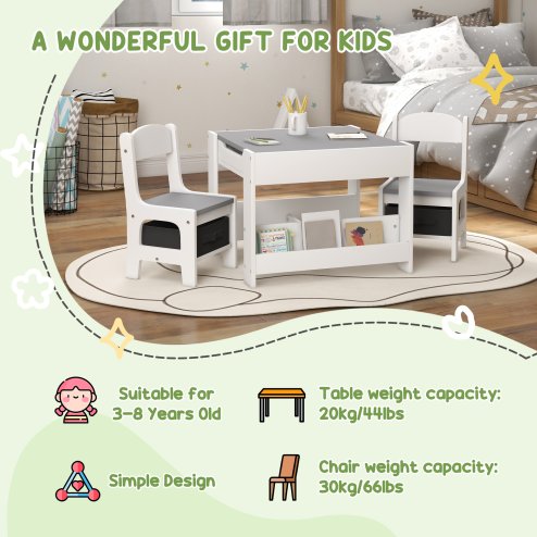 HOMCOM 3 Piece Kids Table and Chair Set, 3 in 1 Design Kids Desk and Chair Set with Blackboard, Storage, Bookshelves, for Nursery, Playroom, Classroom - Grey