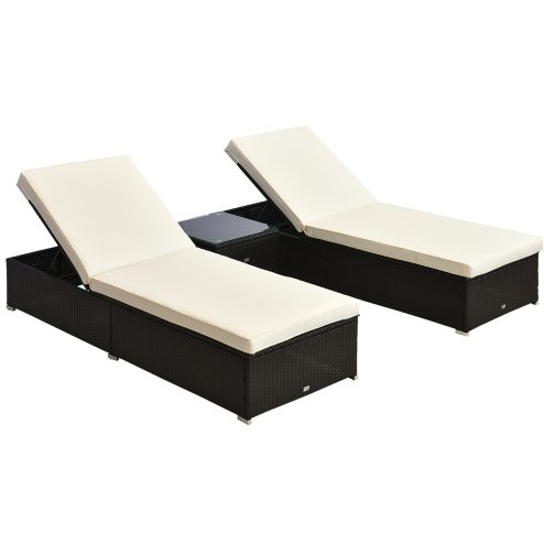 Outsunny 3 Pieces Rattan Sun Loungers with Side Table, 5-Level Adjustable Garden Recliner Sun Loungers Set of 2 with Cushions, Wicker Outdoor Patio Furniture with Glass Top Coffee Table, Dark Brown
