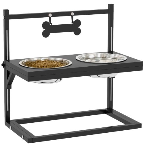 PawHut Raised Dog Bowl, Elevated Dog Bowl with Adjustable Height Stand, 2 Stainless Steel Bowls, for Small Medium Large Dogs - Black