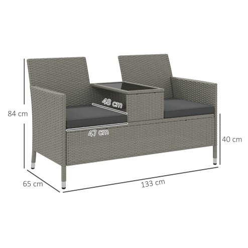 Outsunny 2 Seater Rattan Sofa with Cushions, Wicker Garden Loveseat with Armrests, Outdoor Garden Sofa Couch with Metal Frame for Patio, Grey