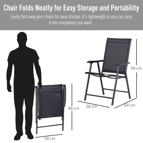Outsunny Set of 2 Folding Garden Chairs, Metal Frame Garden Chairs Outdoor Patio Park Dining Seat with Breathable Mesh Seat, Black
