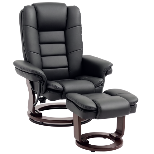 HOMCOM Recliner Chair With footstool, Recliner Armchair up to 130kg Weight Capacity, 135 Reclining Swivel Sofa Chair, PU Leather Ergonomic Couch Bed with Swivel Wood Base for Living Room, Black