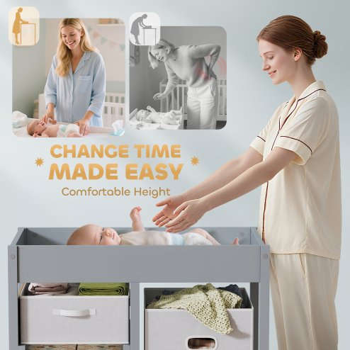 AIYAPLAY Baby Changing Table with 4 Drawers, Nursery Diaper Baby Changing Unit for 0-12 Months (max. 11kg), with Mat, Infant Care Station for Bedroom Nursery, Grey