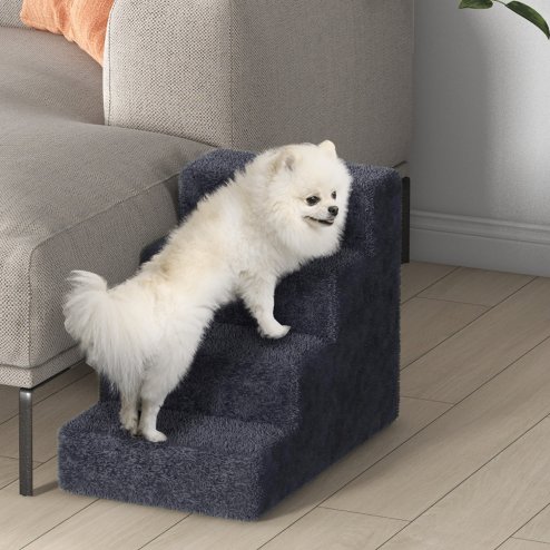 PawHut Dog Steps for Sofa, 4 Steps Dog Stairs, Pet Stairs, with Washable Plush Cover, for Small Breeds, Cats - Dark Grey